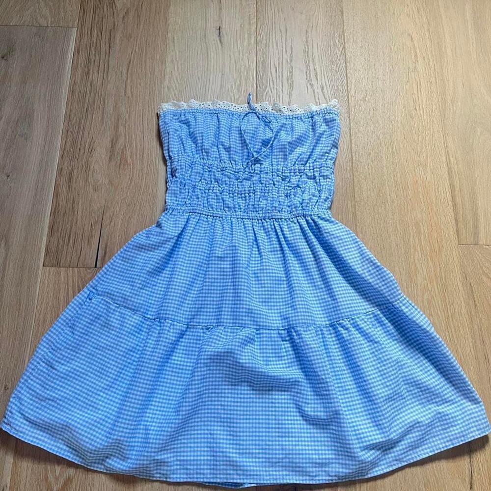 NWT! Cottagecore milkmaid blue gingham strapless dress white lace trim size M